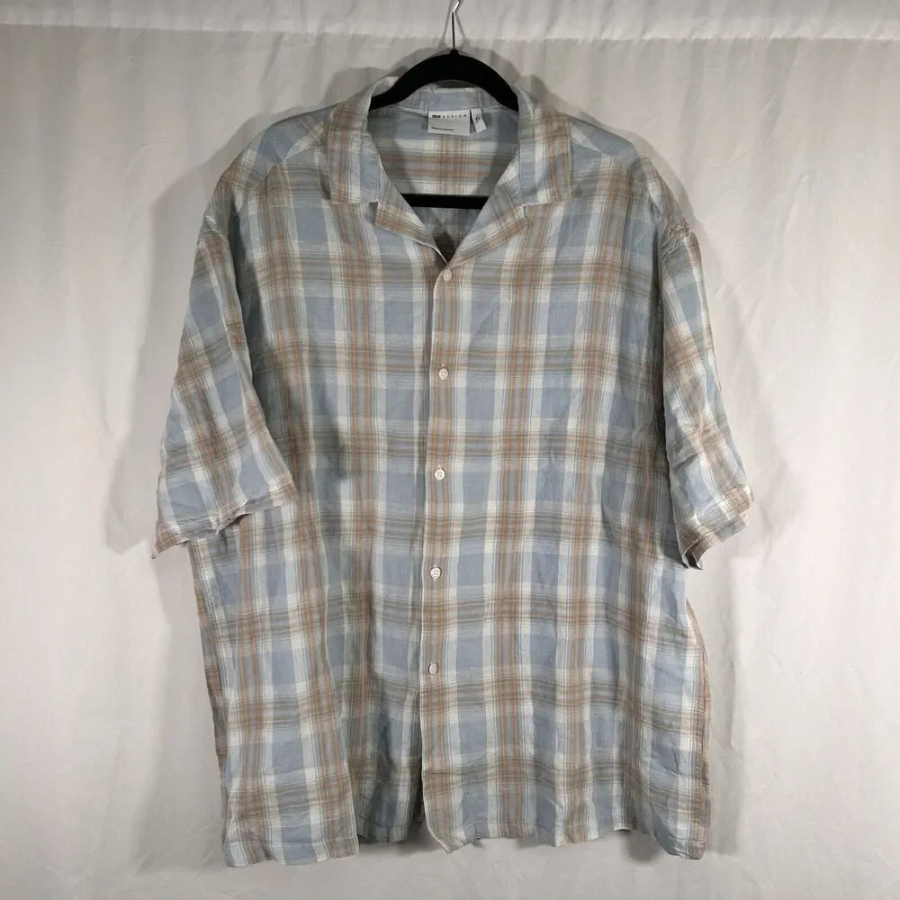 ASOS Linen Blend Shirt Men's Large Long Tall Blue Plaid Button Up Short Sleeve